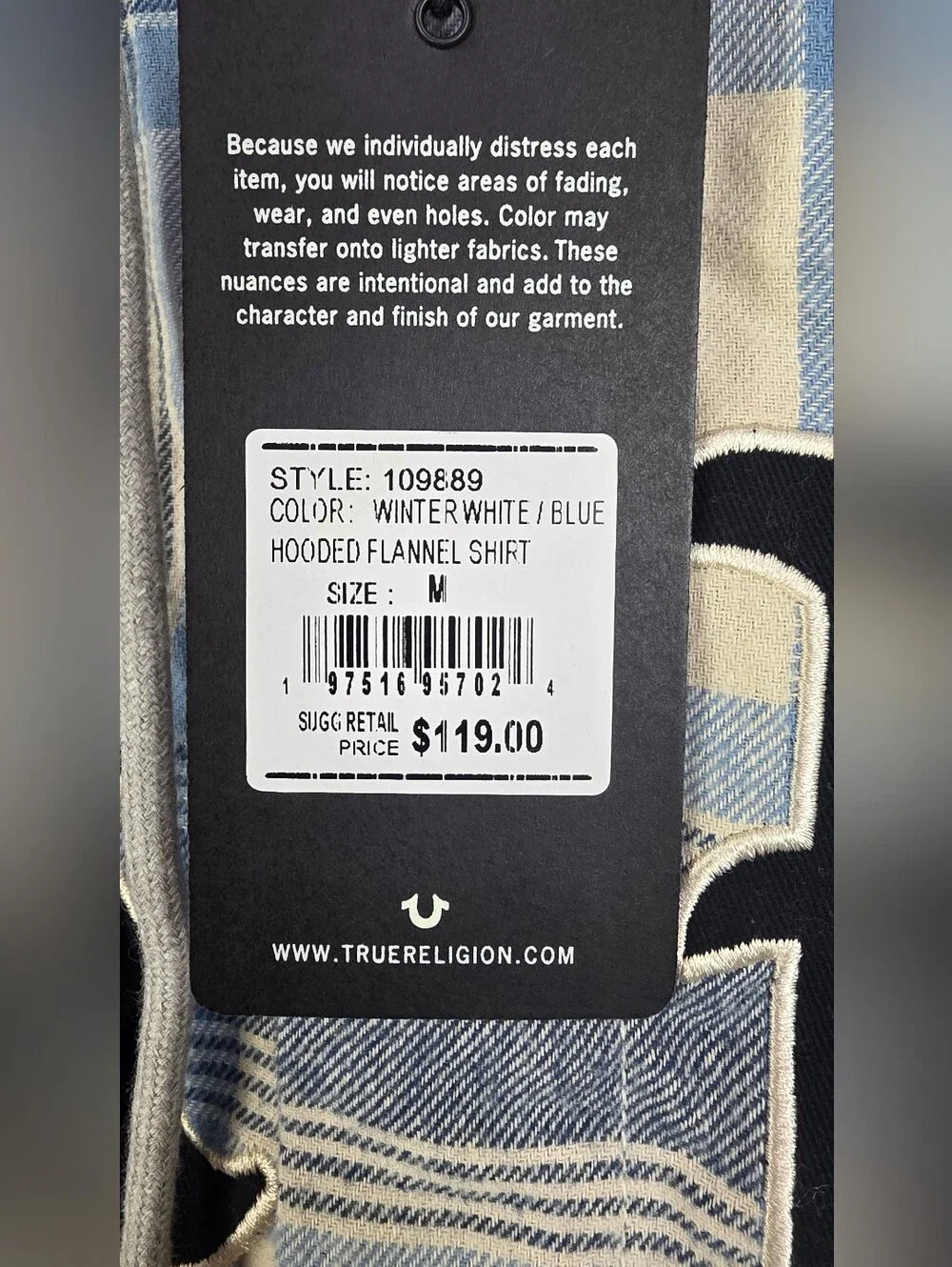 $119 True Religion Mens hooded flannel shirt